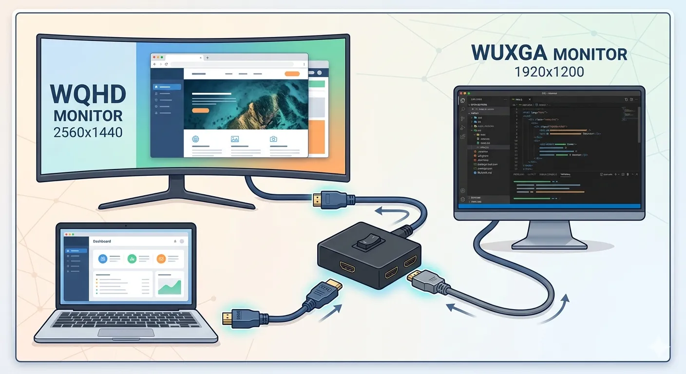 ノートPCとモニタ2台を接続した概念図