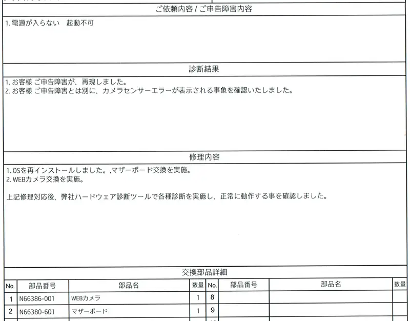 Spectreが修理返却された際のメーカー報告書