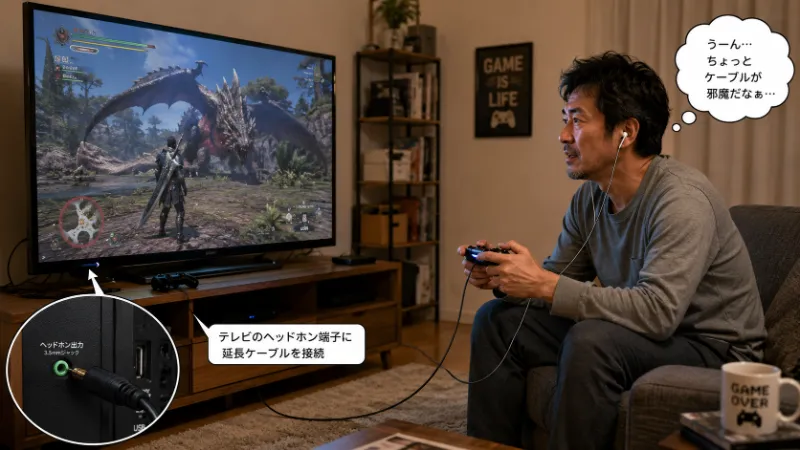 大型テレビに有線イヤホンを繋いでプレイしているが、ケーブルが邪魔に感じているおっさんの図