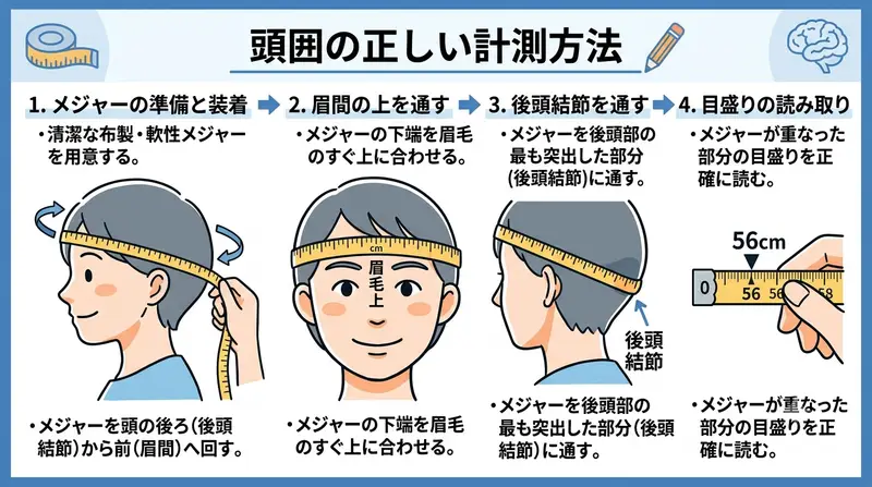 頭囲を計測するための方法を図示