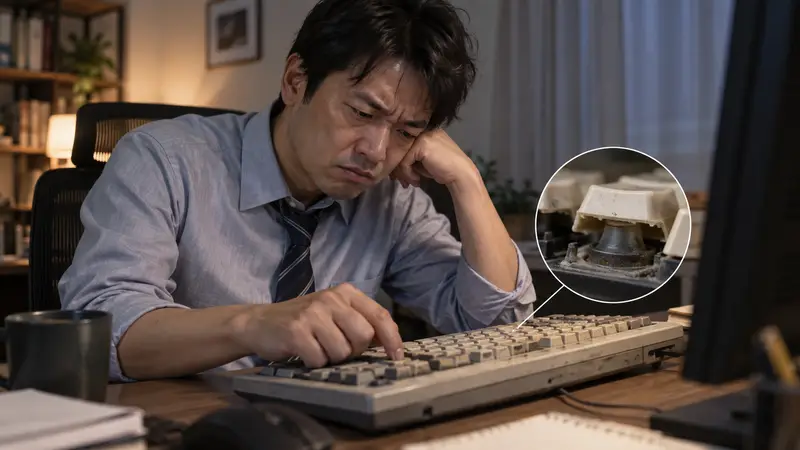 コスパのいいキーボードを使っていたが、ラバードームの経年劣化を感じモヤモヤしているおっさんの図
